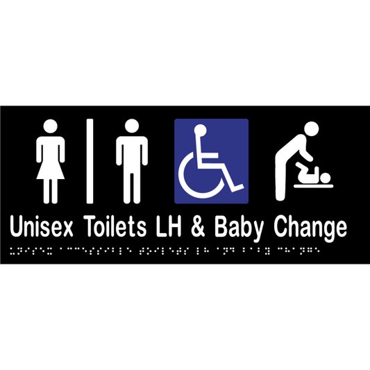 Uni Acc Tlts Div LH & Baby Change Braille Sign - Vinyl - Black with White Infill