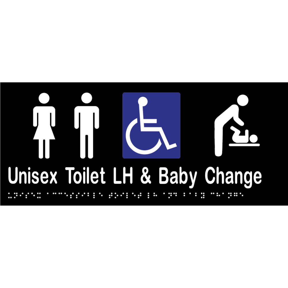 Uni Acc Toilet LH & Baby Change Braille Sign - Vinyl - Black with White Infill