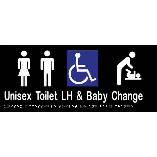 Uni Acc Toilet LH & Baby Change Braille Sign - Vinyl - Black with White Infill