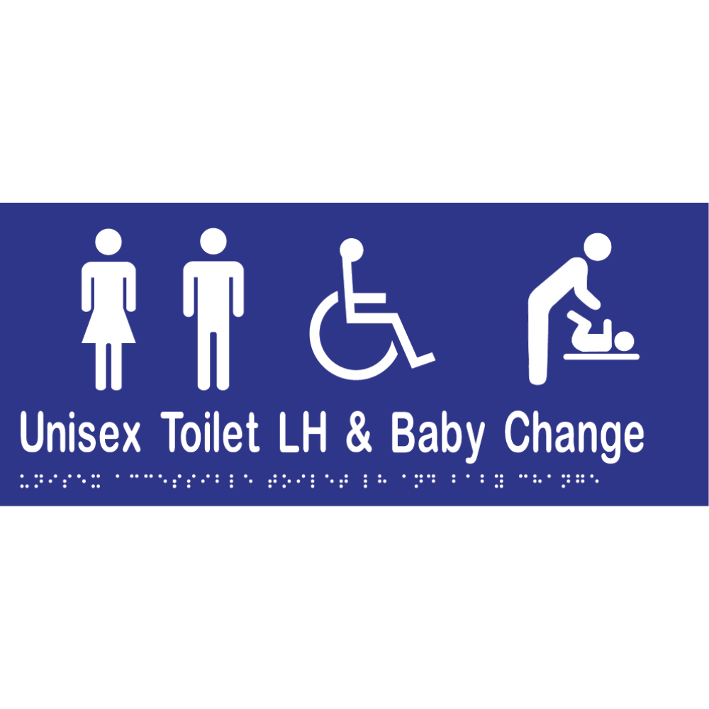 Uni Acc Toilet LH & Baby Change Braille Sign -Vinyl - Blue with White Infill