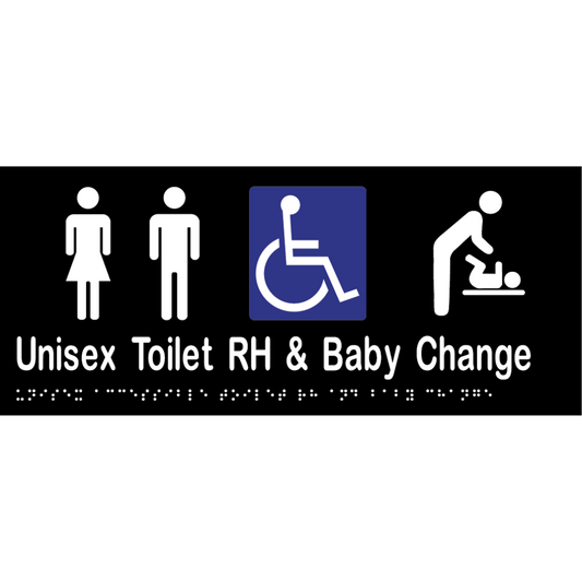 Uni Acc Toilet RH & Baby Change Braille Sign - Vinyl - Black with White Infill