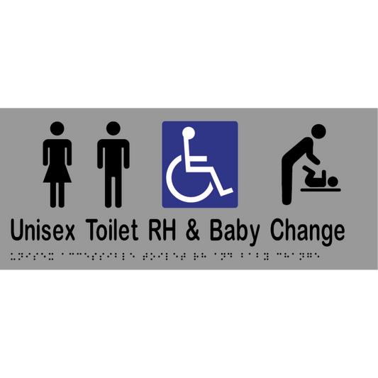 Uni Acc Toilet RH & Baby Change Braille Sign - Stainless Steel with Black Infill