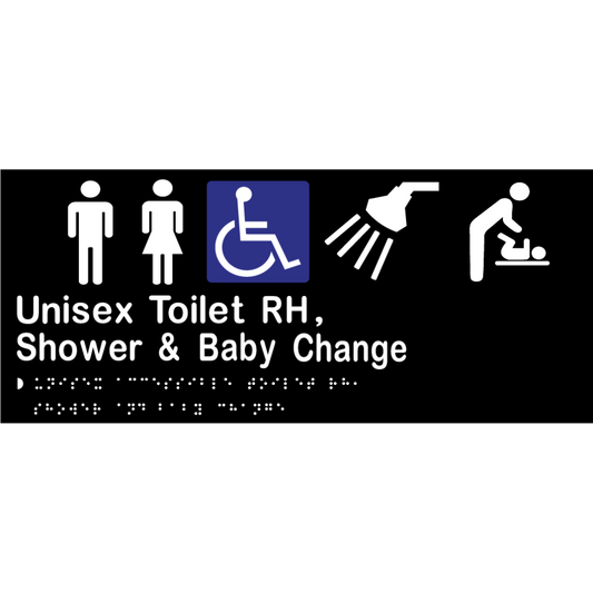 Unisex Accessible Toilet RH, Shower & Baby Change Sign - Vinyl - Black with White Infill
