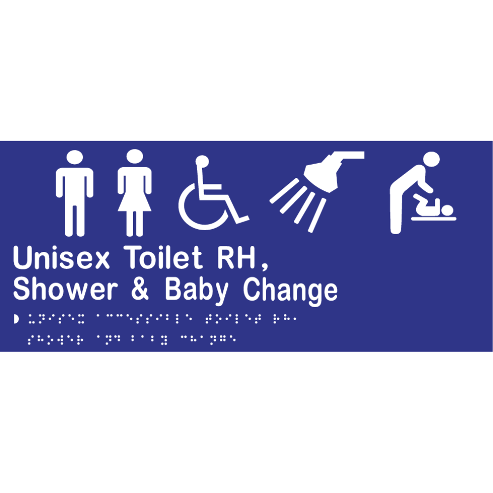 Unisex Accessible Toilet RH, Shower & Baby Change Sign -Vinyl - Blue with White Infill