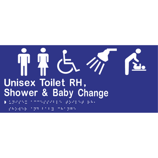 Unisex Accessible Toilet RH, Shower & Baby Change Sign -Vinyl - Blue with White Infill