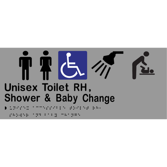Unisex Accessible Toilet RH, Shower & Baby Change Sign - Stainless Steel with Black Infill