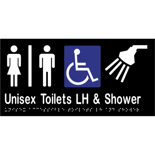 Unisex Acc Tlt Div LH & Shower Braille Sign - Vinyl - Black with White Infill