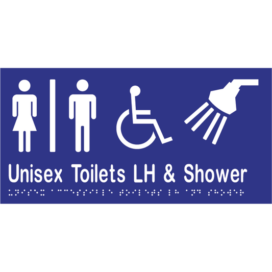 Unisex Acc Tlt Div LH & Shower Braille Sign -Vinyl - Blue with White Infill