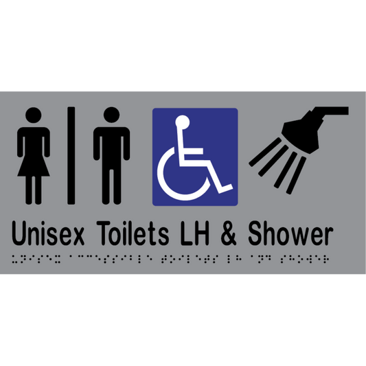 Unisex Acc Tlt Div LH & Shower Braille Sign - Vinyl - Silver with Black Infill