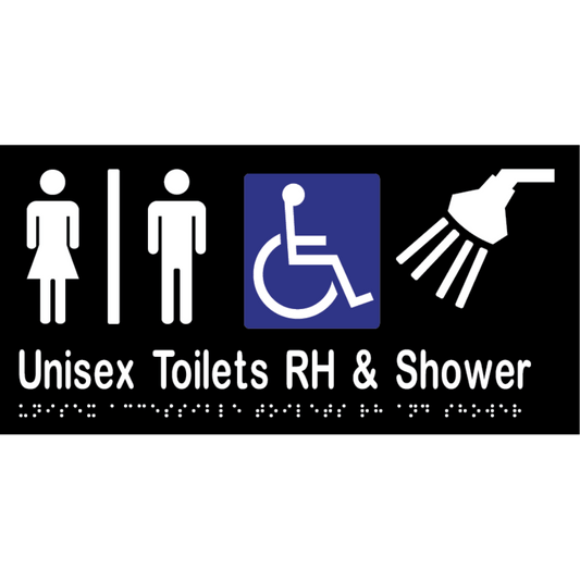 Unisex Acc Tlt Div RH & Shower Braille Sign - Vinyl - Black with White Infill