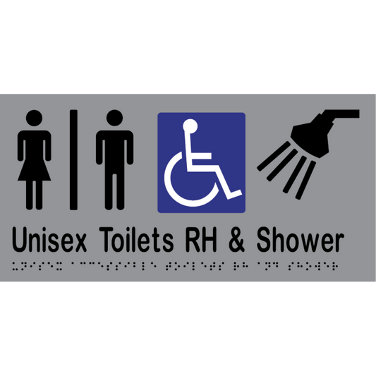 Unisex Acc Tlt Div RH & Shower Braille Sign - Vinyl - Silver with Black Infill