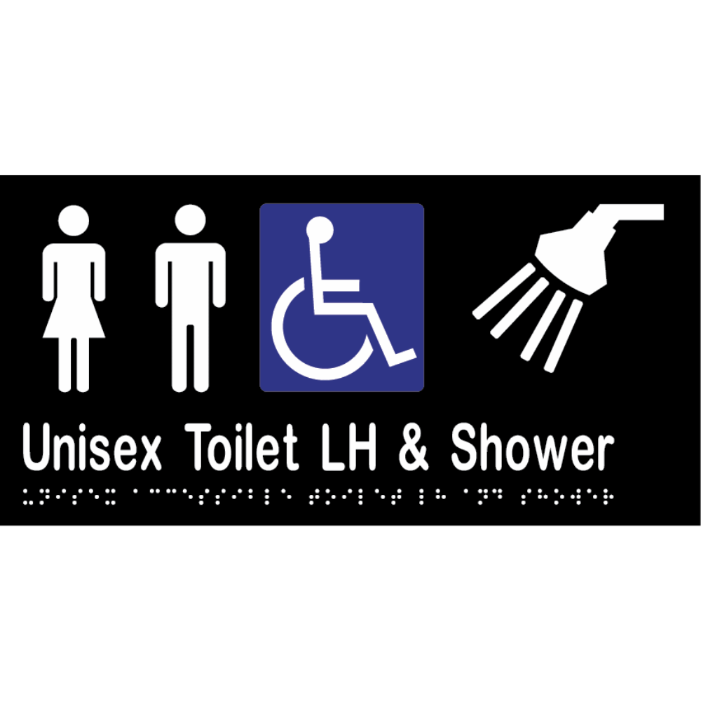 Unisex Acc Tlt LH & Shower Braille Sign - Vinyl - Black with White Infill