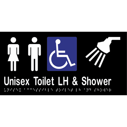 Unisex Acc Tlt LH & Shower Braille Sign - Vinyl - Black with White Infill