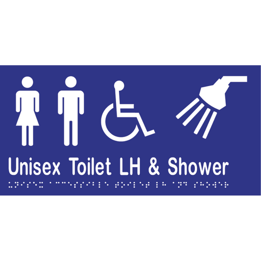 Unisex Acc Tlt LH & Shower Braille Sign -Vinyl - Blue with White Infill