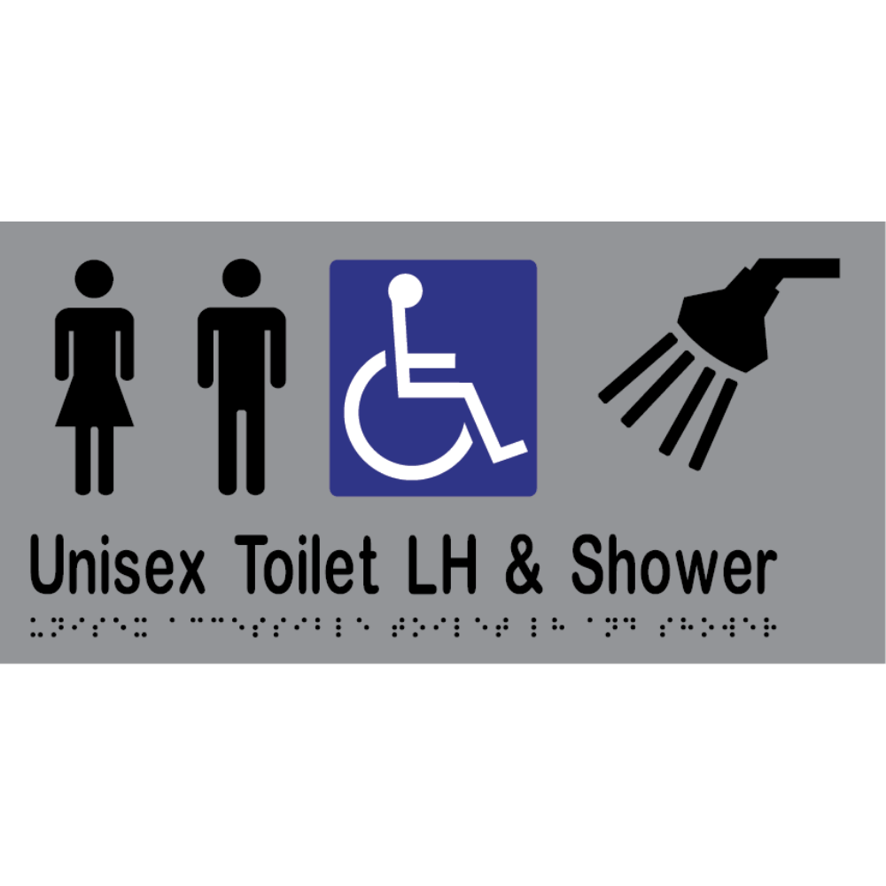 Unisex Acc Tlt LH & Shower Braille Sign - Vinyl - Silver with Black Infill
