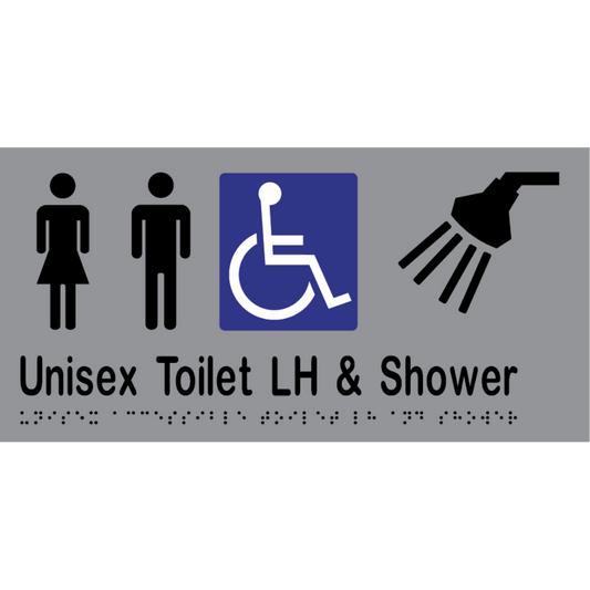 Unisex Acc Tlt LH & Shower Braille Sign - Vinyl - Silver with Black Infill