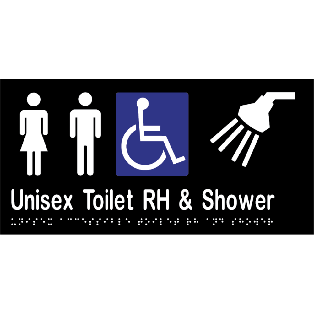 Unisex Acc Tlt RH & Shower Braille Sign - Vinyl - Black with White Infill