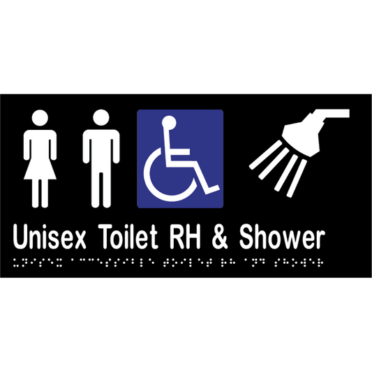 Unisex Acc Tlt RH & Shower Braille Sign - Vinyl - Black with White Infill