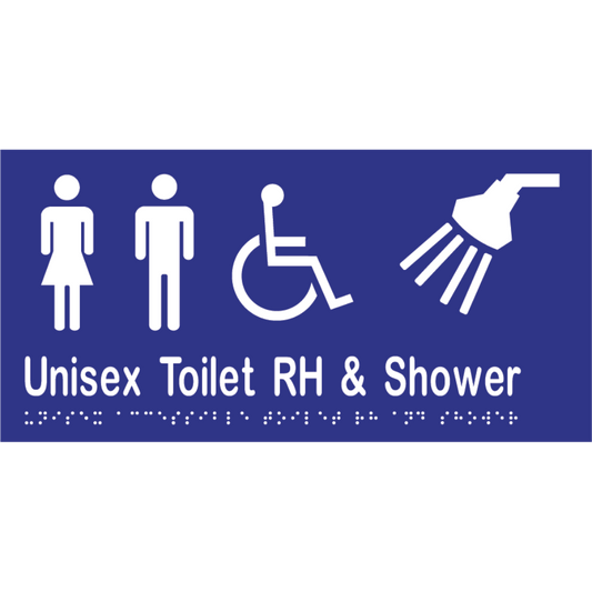 Unisex Acc Tlt RH & Shower Braille Sign -Vinyl - Blue with White Infill
