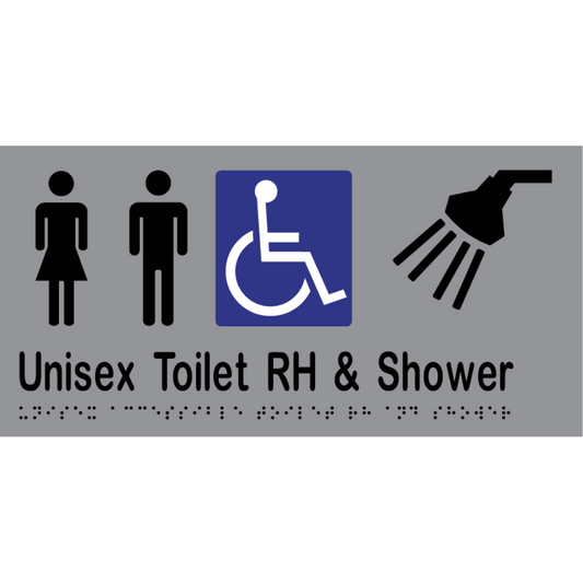 Unisex Acc Tlt RH & Shower Braille Sign - Stainless Steel with Black Infill