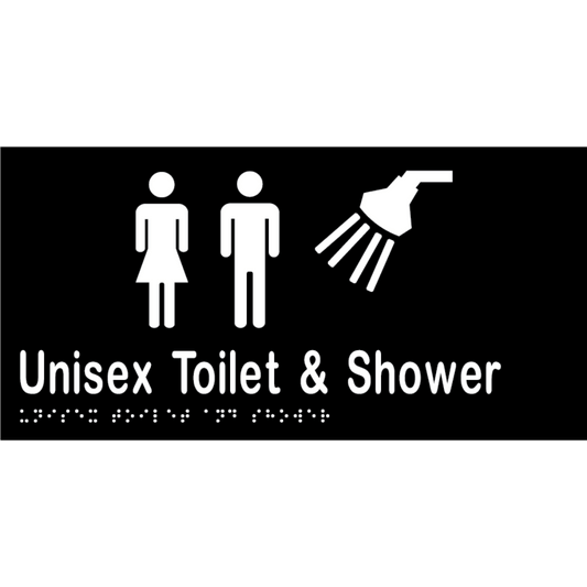Unisex Toilet & Shower Braille Sign - Vinyl - Black with White Infill