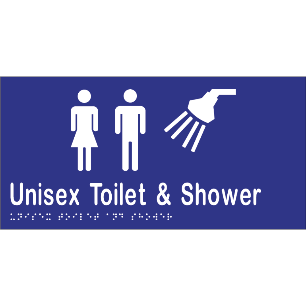 Unisex Toilet & Shower Braille Sign -Vinyl - Blue with White Infill