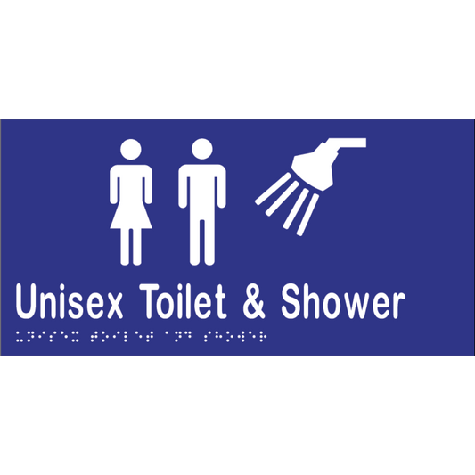 Unisex Toilet & Shower Braille Sign -Vinyl - Blue with White Infill