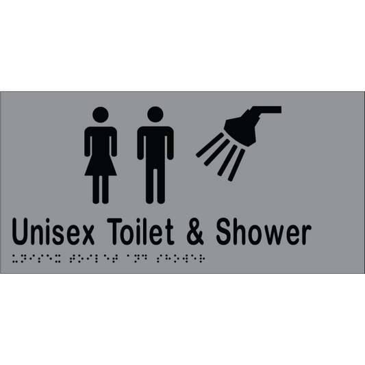 Unisex Toilet & Shower Braille Sign - Stainless Steel with Black Infill