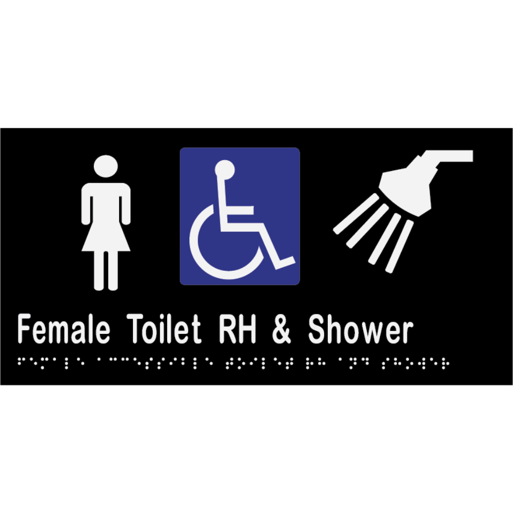 Female Accessible Toilet Right Hand Transfer & Shower - 300x150mm – Vinyl – Black with White Infill