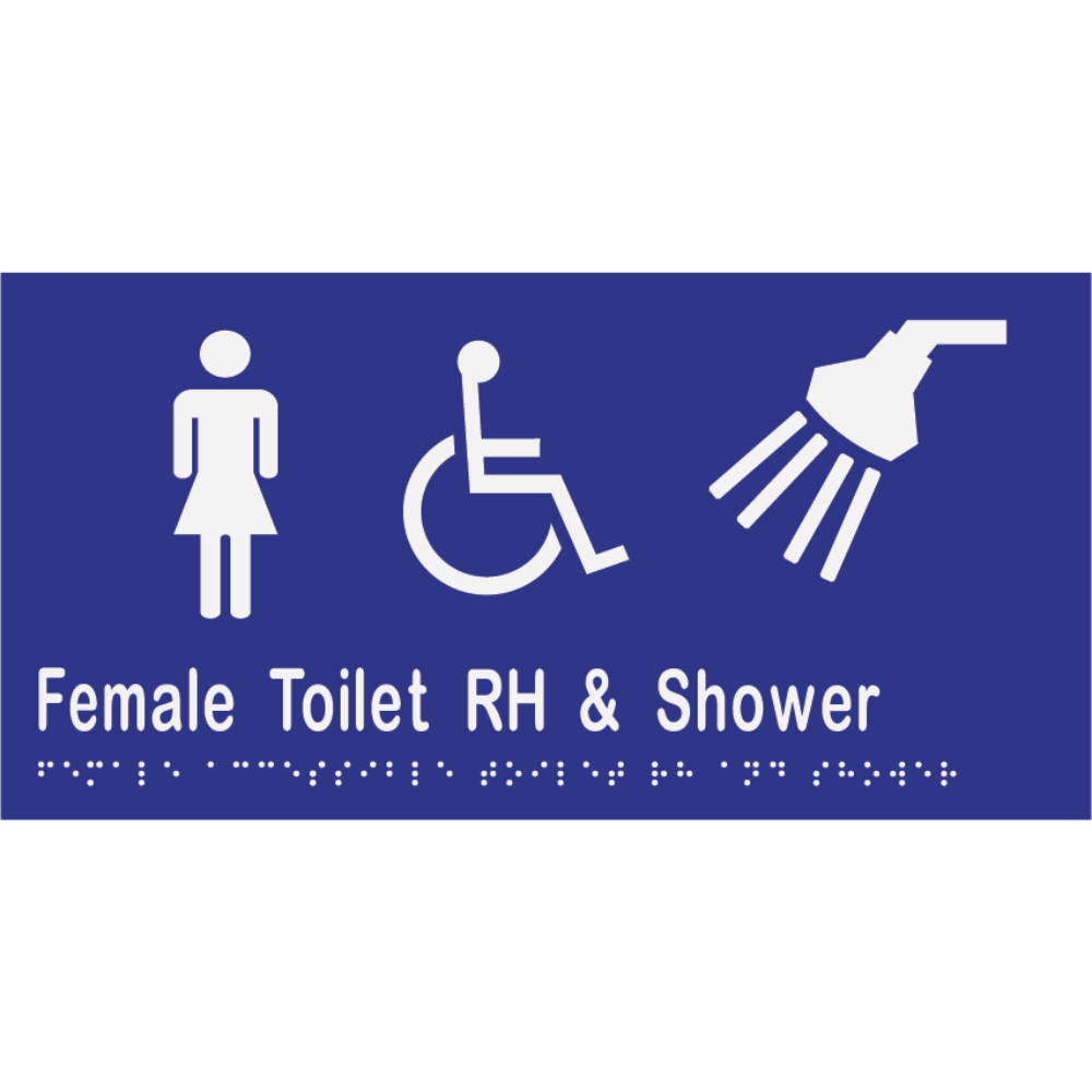 Female Accessible Toilet Right Hand Transfer & Shower - 300x150mm - Vinyl – Blue with White Infill