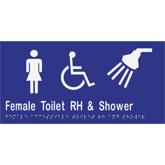 Female Accessible Toilet Right Hand Transfer & Shower - 300x150mm - Vinyl – Blue with White Infill