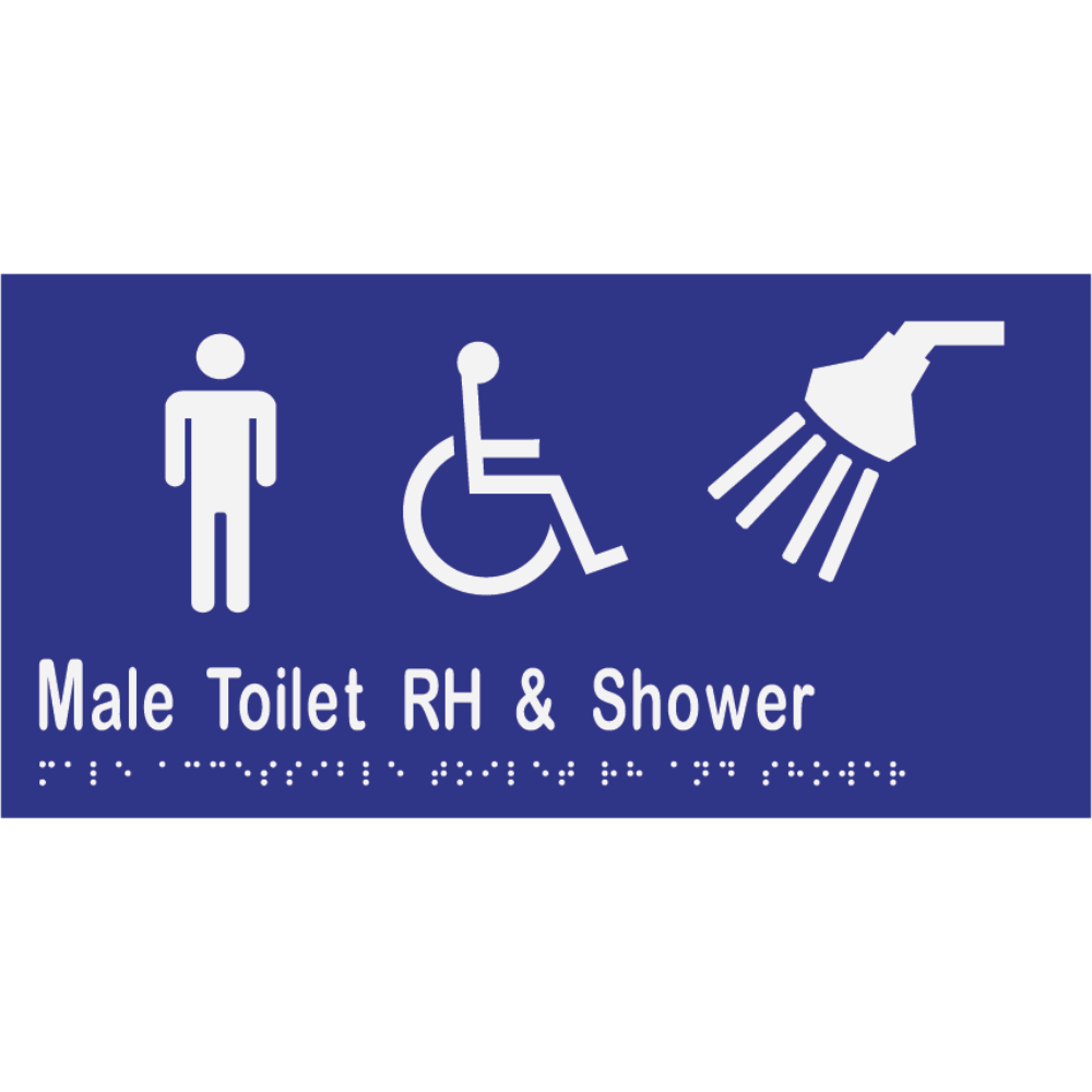 Male Accessible Toilet Right Hand Transfer & Shower - 300x150mm - Vinyl – Blue with White Infill