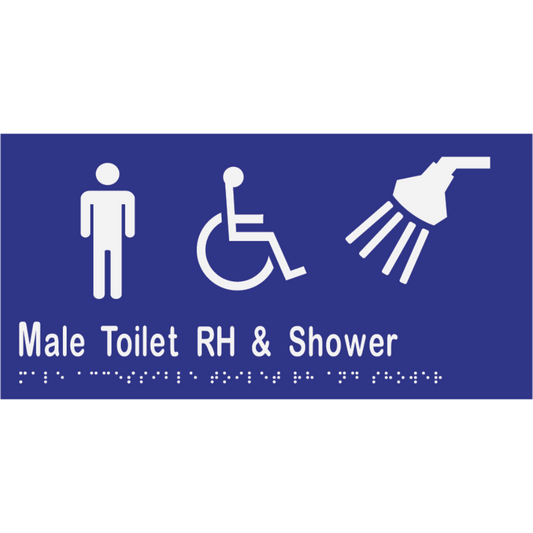 Male Accessible Toilet Right Hand Transfer & Shower - 300x150mm - Vinyl – Blue with White Infill