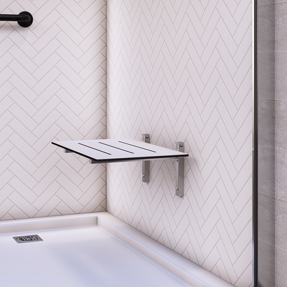 Folding Shower Seat - 600mmL x 400mmW with 13mm White Compact Laminate Seat Top and Satin Stainless Steel Frame