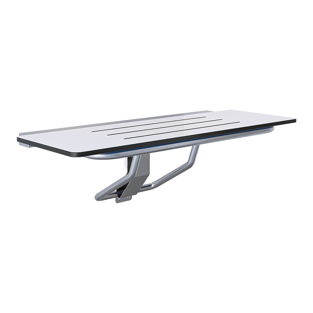 Accessible Folding Shower Seat - 960mmL x 400mmW with 13mm White Compact Laminate Seat Top and Satin Stainless Steel Frame