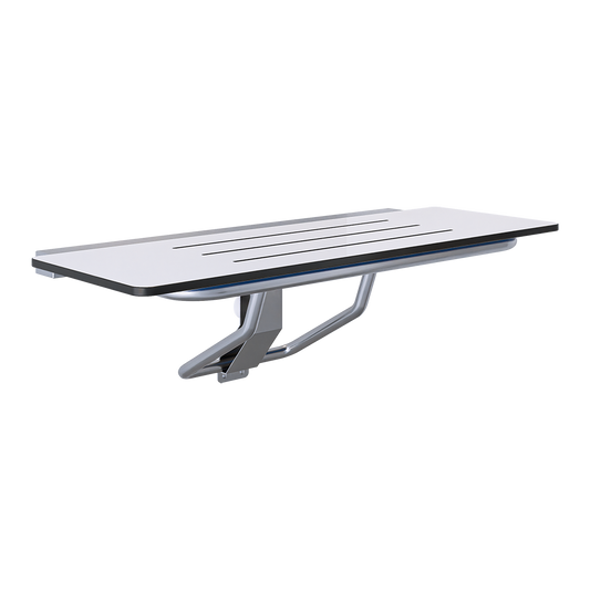Accessible Folding Shower Seat - 960mmL x 400mmW with 13mm White Compact Laminate Seat Top and Satin Stainless Steel Frame