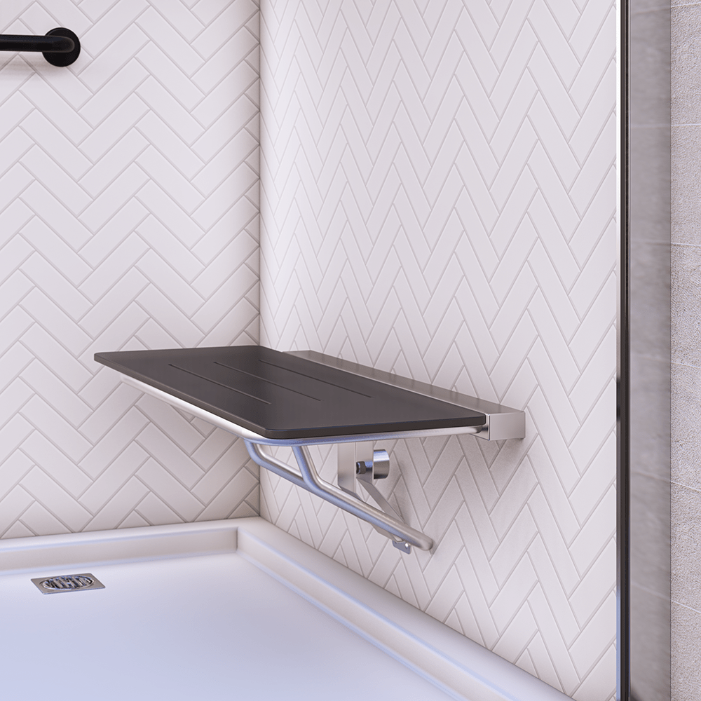 Accessible Folding Shower Seat - 960mmL x 400mmW with 13mm Designer Black Compact Laminate Seat Top and Satin Stainless Steel Frame
