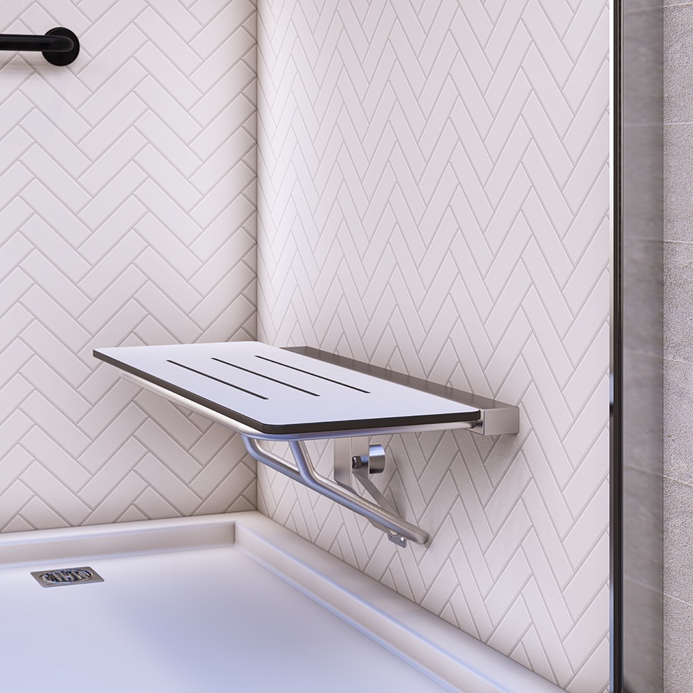 Accessible Folding Shower Seat - 960mmL x 400mmW with 13mm White Compact Laminate Seat Top and Satin Stainless Steel Frame