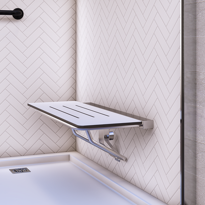 Accessible Folding Shower Seat - 960mmL x 400mmW with 13mm White Compact Laminate Seat Top and Satin Stainless Steel Frame