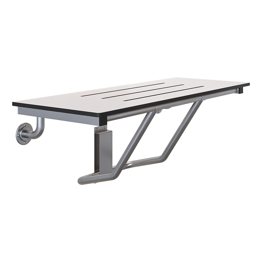 Accessible Folding Shower Seat – 960mmL x 397mmW with 12mm Off White Phenolic Seat Top with Handle and Satin Stainless Steel Frame