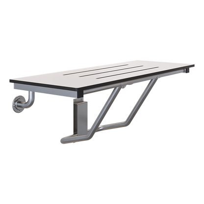 Accessible Folding Shower Seat – 960mmL x 397mmW with 12mm Off White Phenolic Seat Top with Handle and Satin Stainless Steel Frame