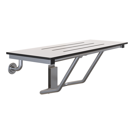 Accessible Folding Shower Seat – 960mmL x 397mmW with 12mm Off White Phenolic Seat Top with Handle and Satin Stainless Steel Frame