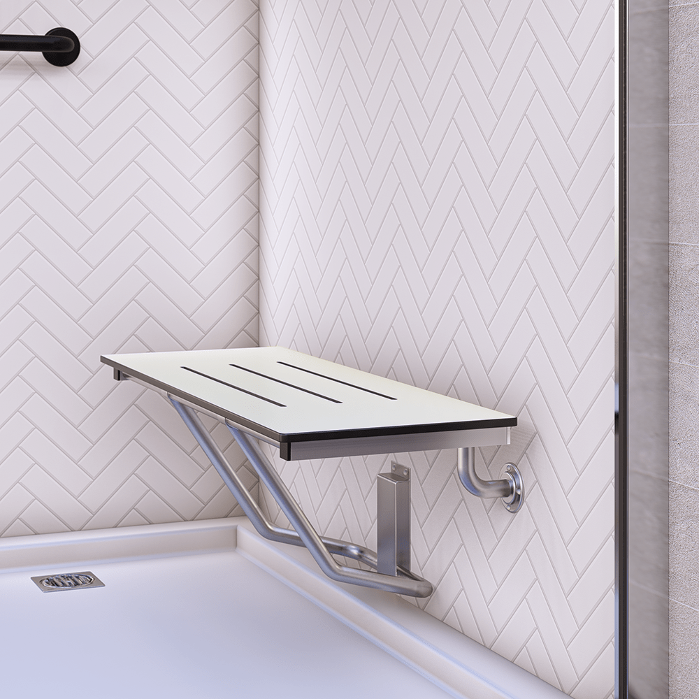 Accessible Folding Shower Seat – 960mmL x 397mmW with 12mm Off White Phenolic Seat Top with Handle and Satin Stainless Steel Frame