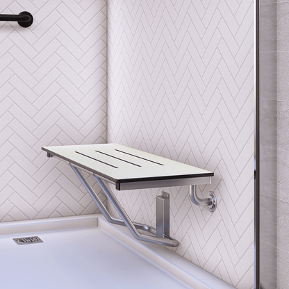 Accessible Folding Shower Seat – 960mmL x 397mmW with 12mm Off White Phenolic Seat Top with Handle and Satin Stainless Steel Frame