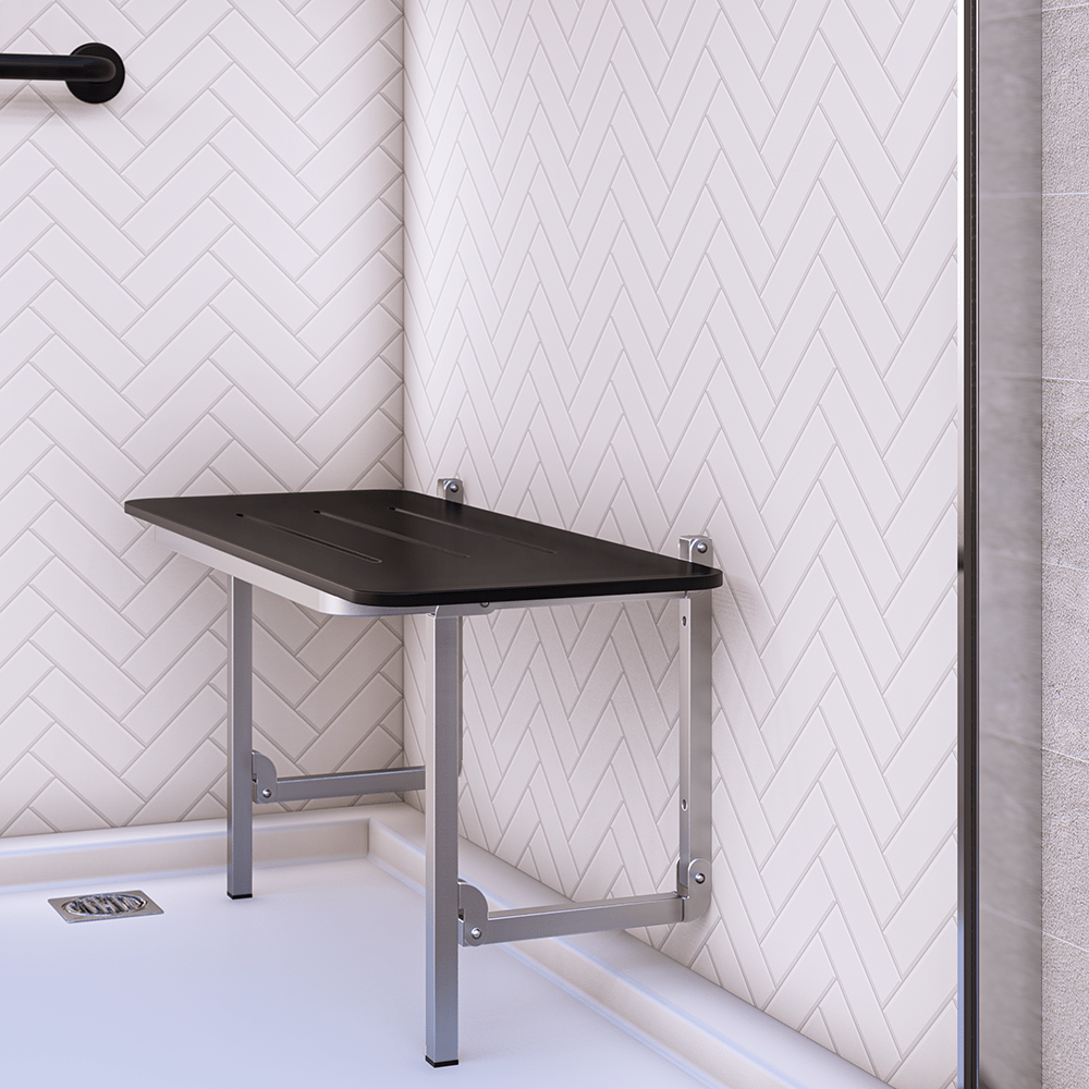 Accessible Folding Shower Seat - 960mmL x 400mmW with 13mm Designer Black Phenolic Seat Top with Handle and Satin Stainless Steel Frame