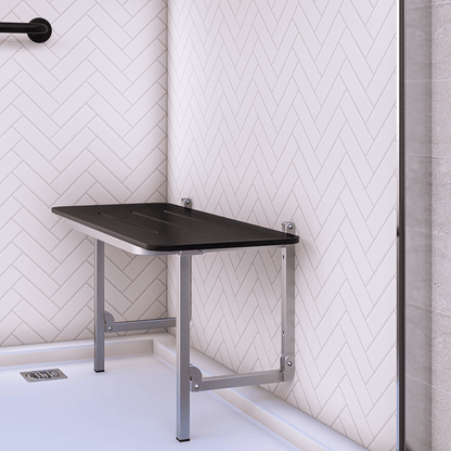 Accessible Folding Shower Seat - 960mmL x 400mmW with 13mm Designer Black Phenolic Seat Top with Handle and Satin Stainless Steel Frame