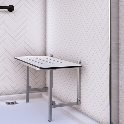 Accessible Folding Shower Seat - 960mmL x 395mmW with 13mm White Compact Laminate Seat Top and Satin Stainless Steel Frame