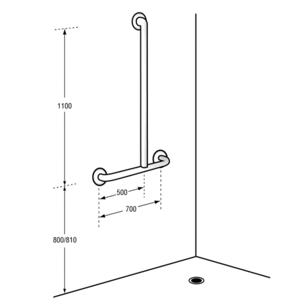 Bariatric Offset Flush Mount Shower Right Hand Grab Rail – 1100mm x 700mm, Satin Stainless Steel