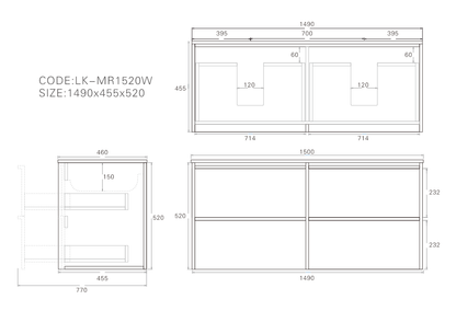 1500mm Ridgewood Wall Hung Plywood Cabinet - Sandy Oak Woodmatt - Cabinet Only