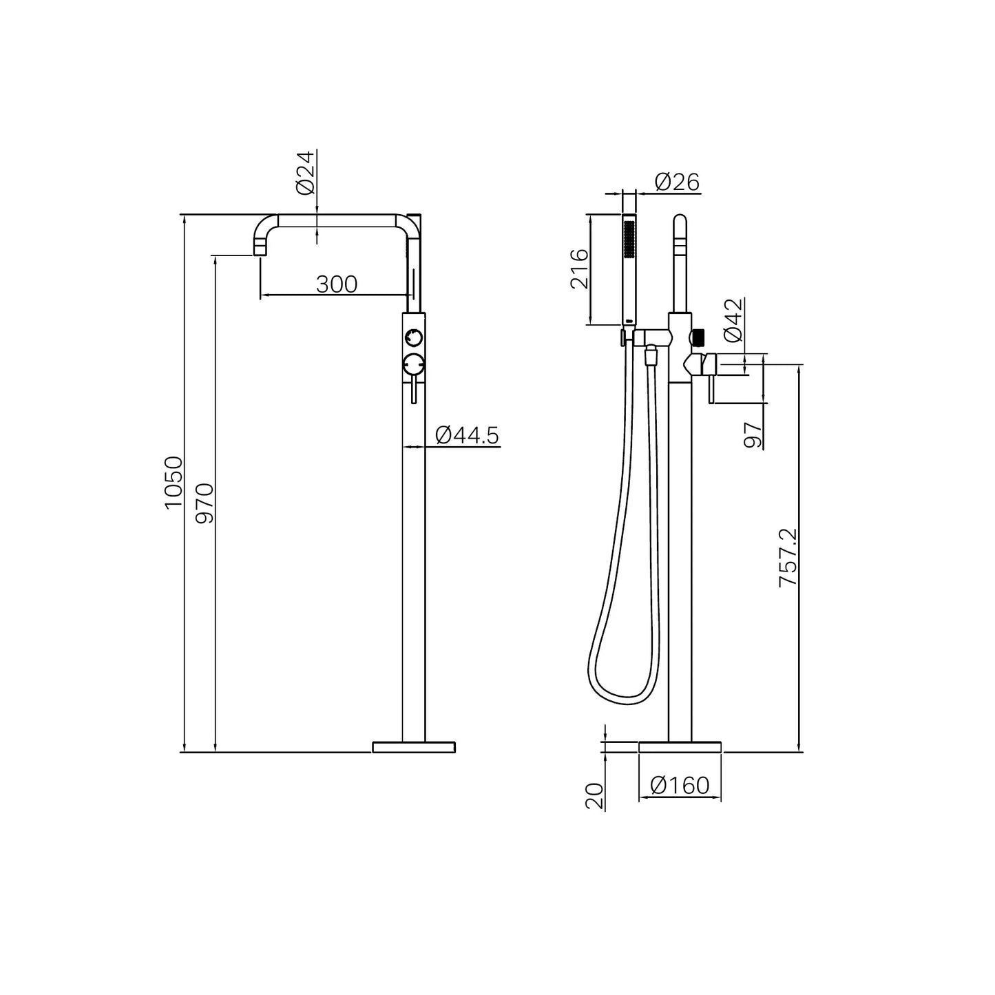 Zen SS316L Freestanding Bath Mixer With Outdoor Shower Hose Brushed Gold